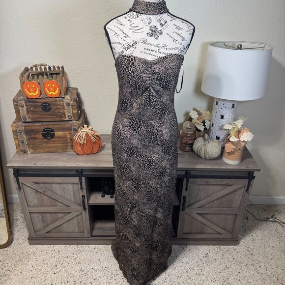 VTG Gunne Sax Jessica McClintock Y2K Glitter Leopard Halter Maxi Dress Jr Sz 9 - Picture 1 of 9